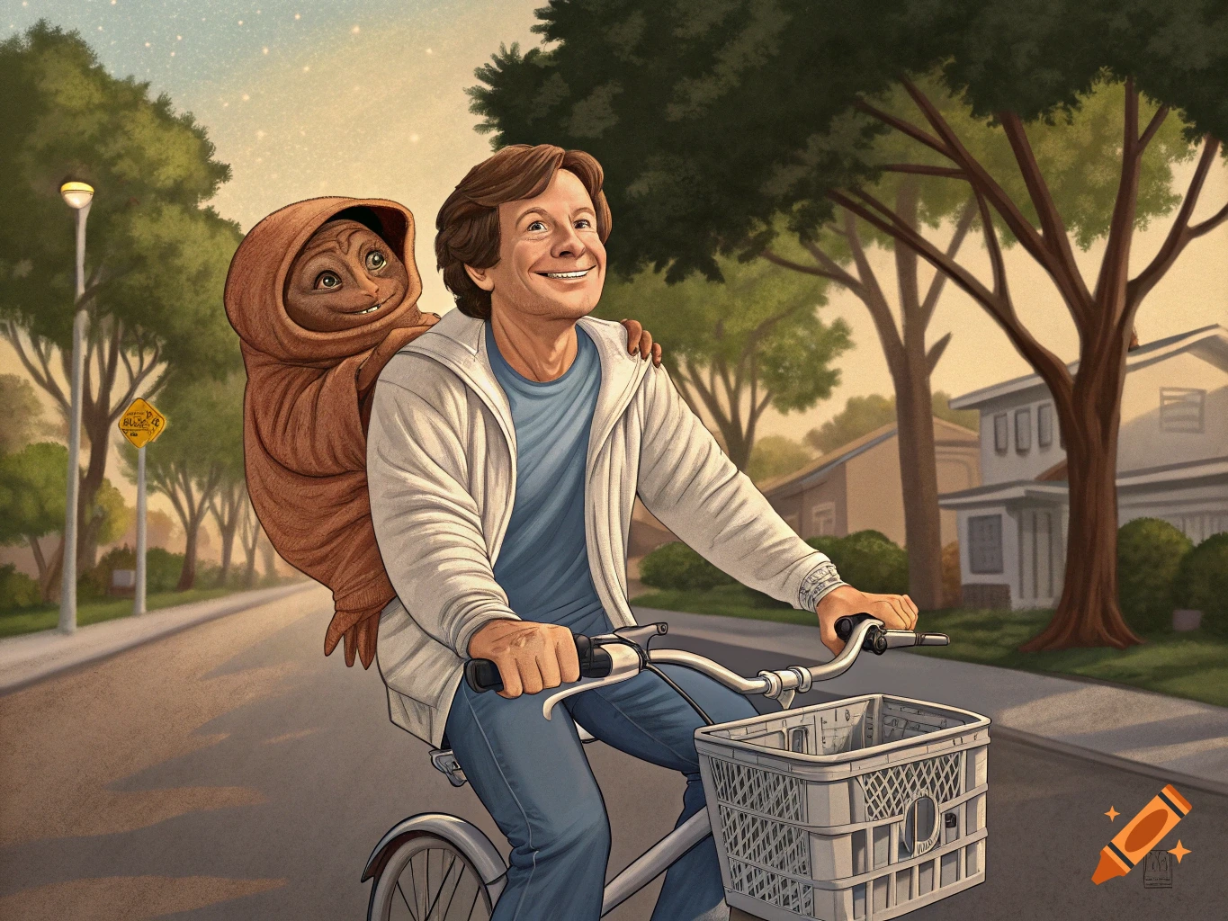 An illustration of E.T. riding in a basket on the front of a bicycle ridden by a man, on a suburban street.