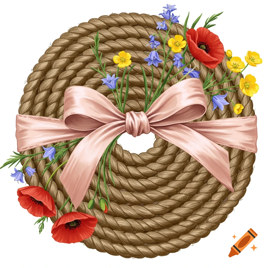 Illustration of a coiled rope with wildflowers and a pink ribbon