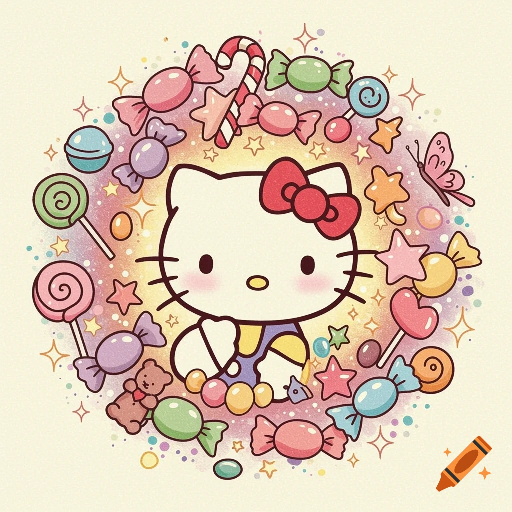 Kawaii illustration of Hello Kitty surrounded by colorful candy, stars, and a butterfly.
