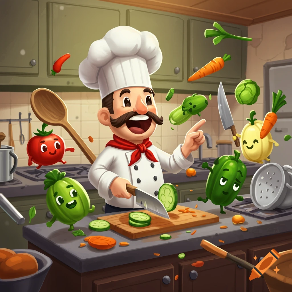 A cartoon chef in a kitchen chops vegetables while animated vegetables fly around.