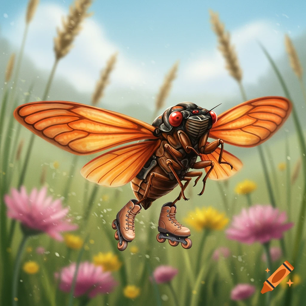 A cicada with orange wings and roller skates flies over a field of flowers.