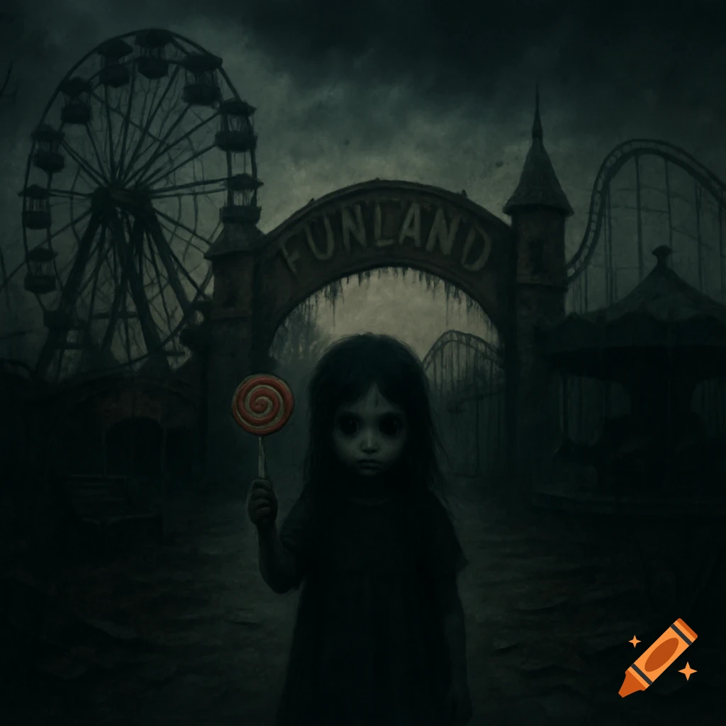 Creepy girl holding a lollipop in front of an abandoned amusement park