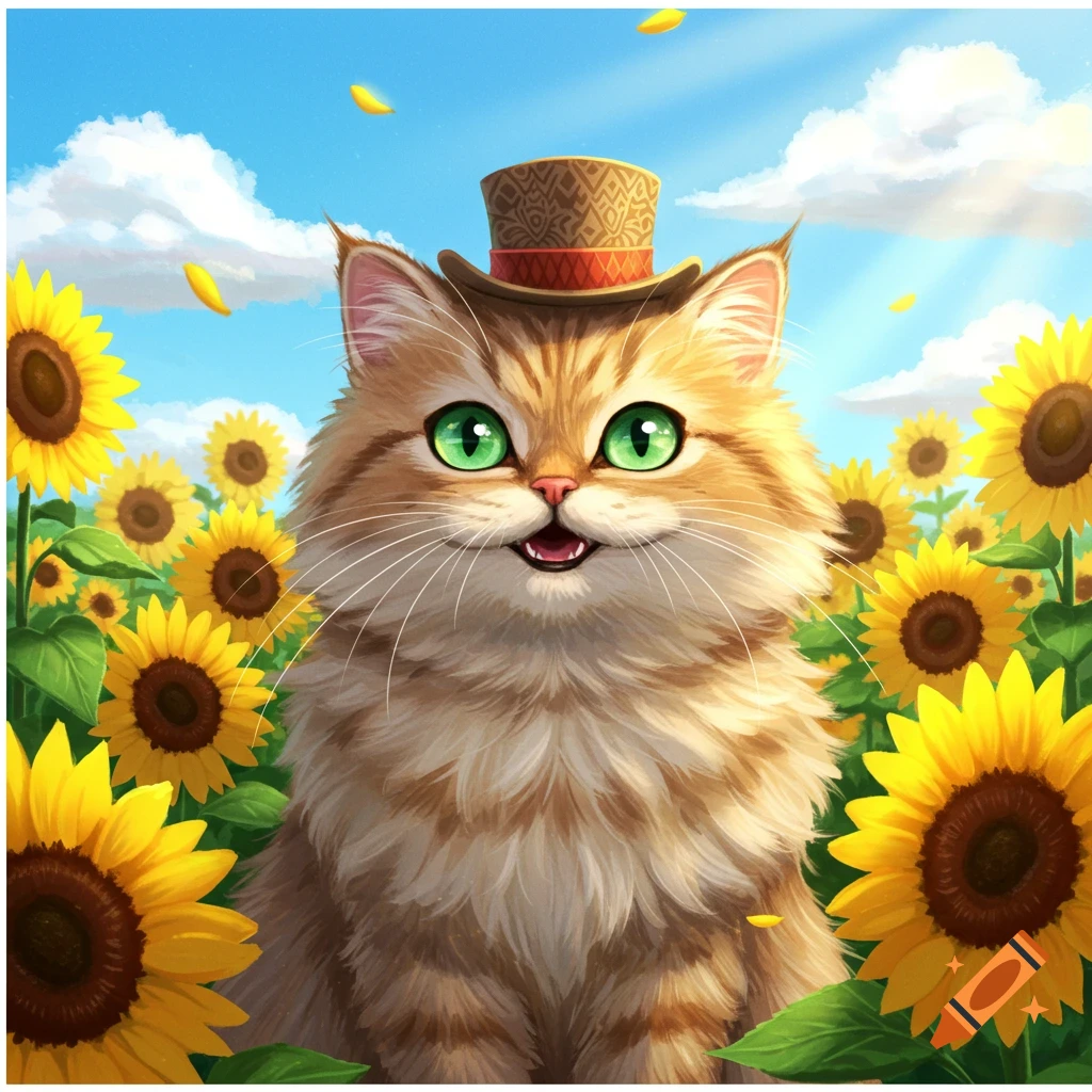 A fluffy orange cat wearing a small top hat sits among bright yellow sunflowers under a blue sky.
