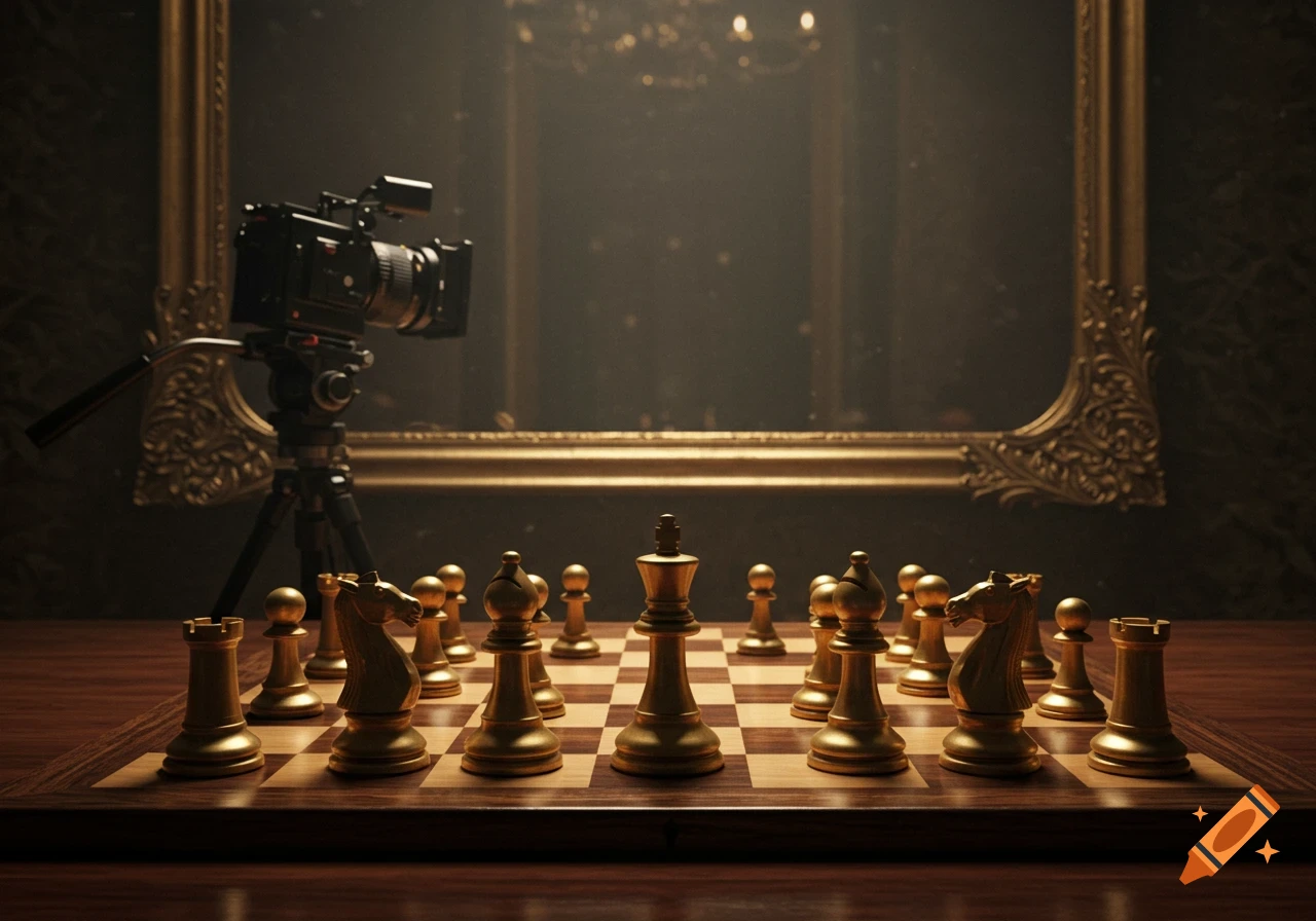 A chess set is filmed by a camera in front of a mirror.