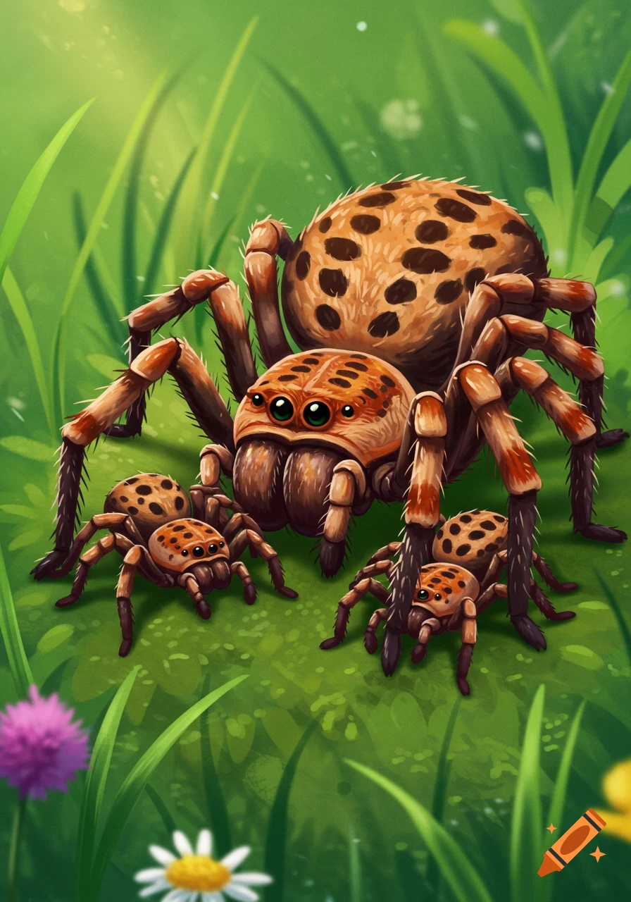 A family of cartoonish spiders sits in tall grass.