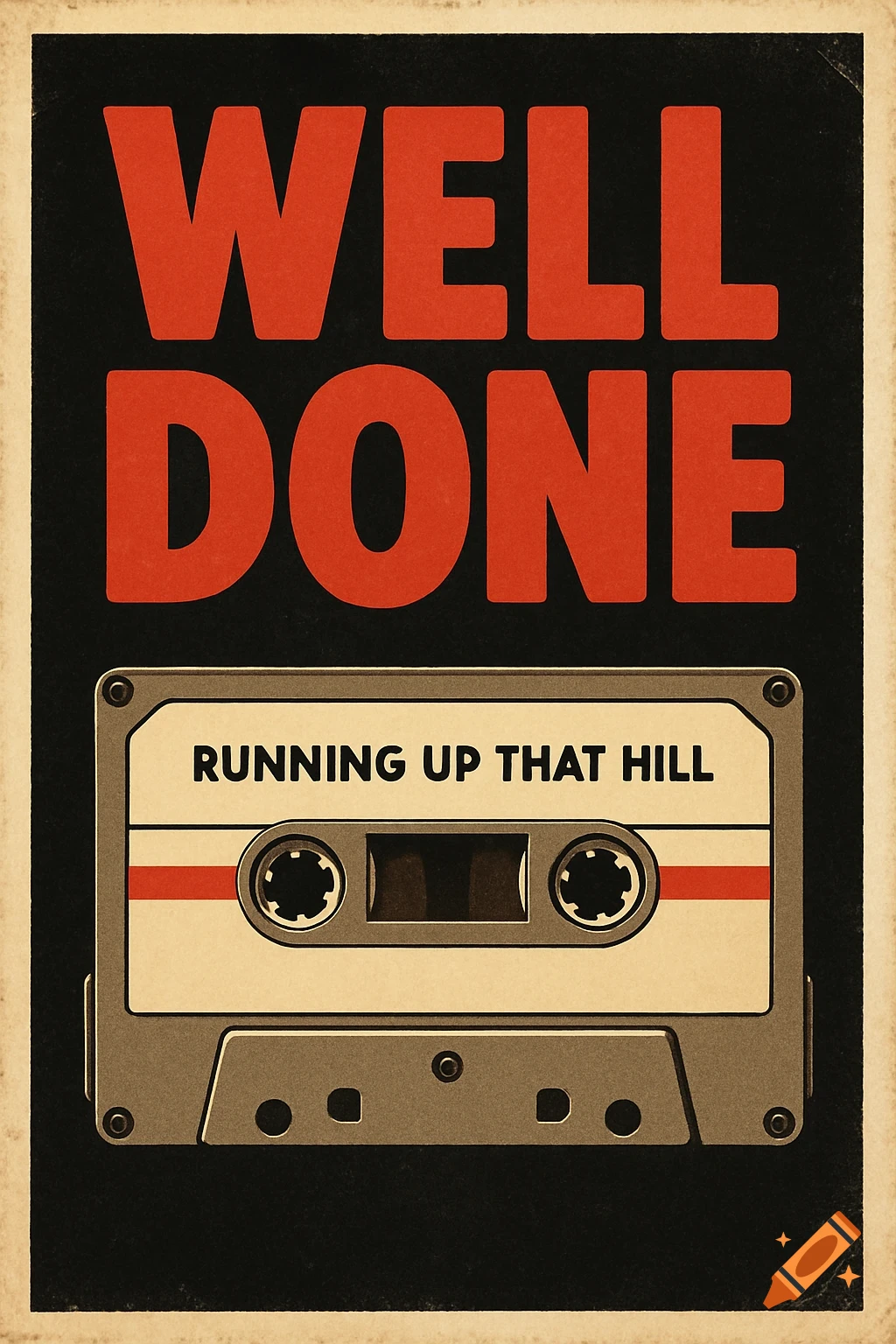 Retro style poster with large red text "WELL DONE" and a cassette tape labeled "RUNNING UP THAT HILL".