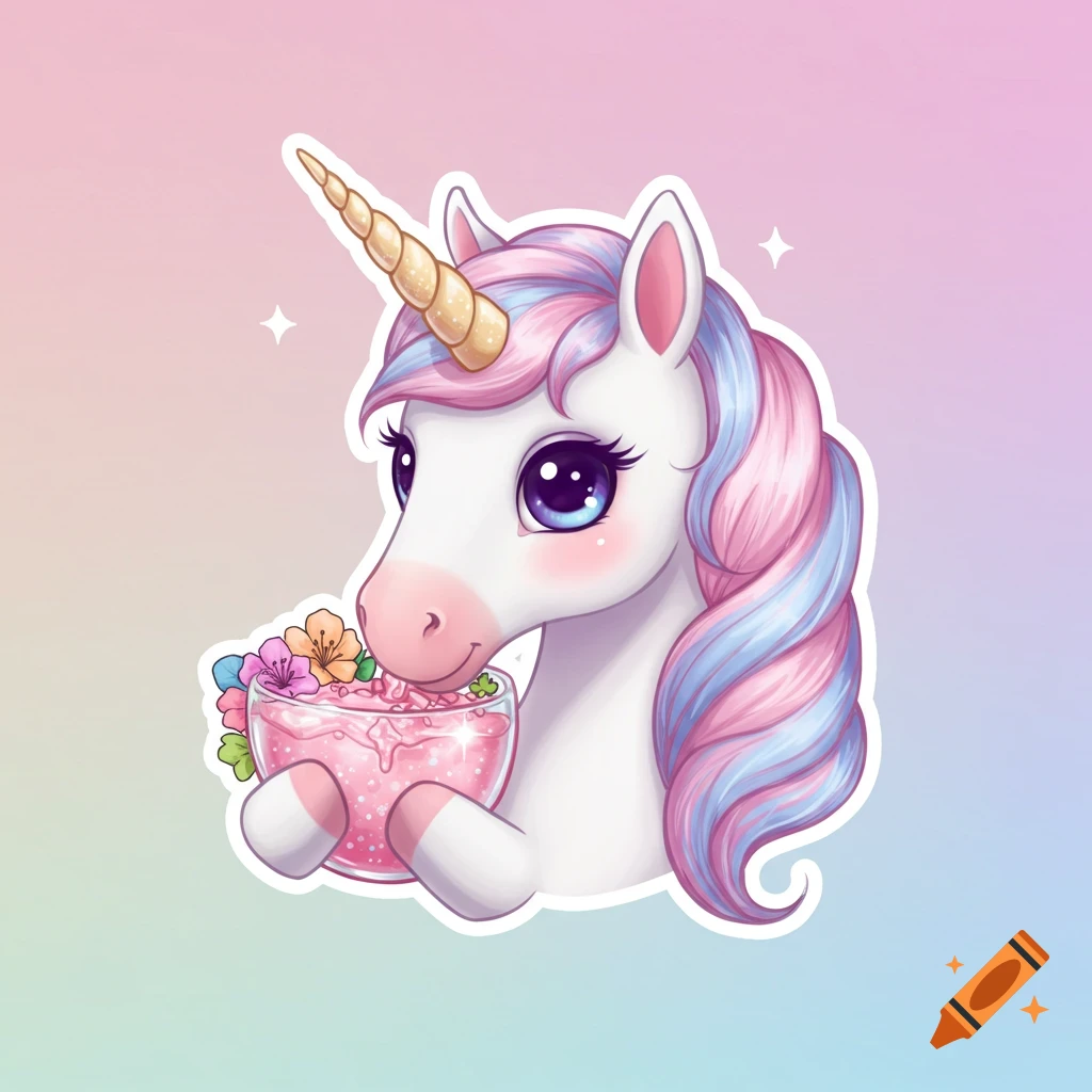 A cartoon unicorn with pink and blue hair holds a pink drink with flowers.