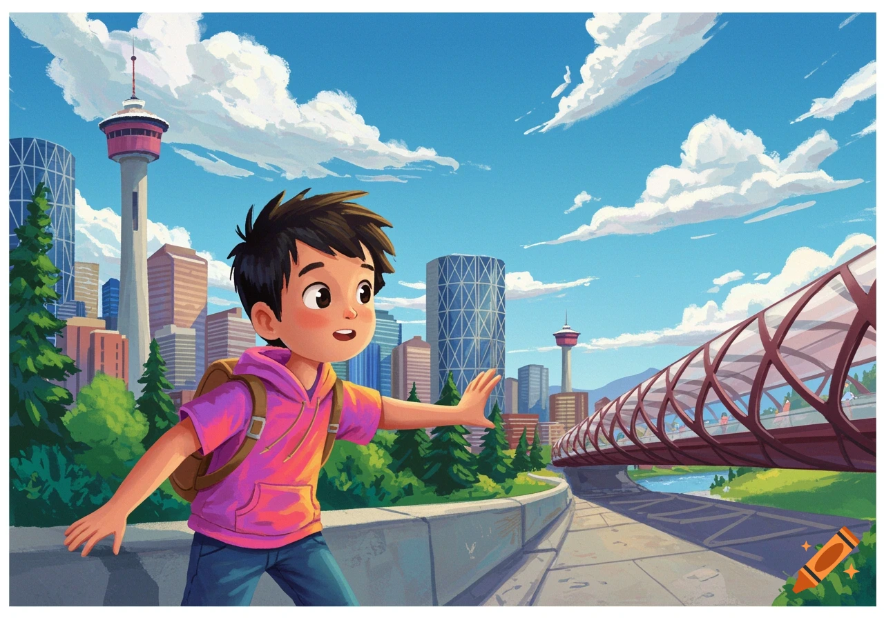 Illustration of a cartoon boy walking along a river path in a city with buildings and a bridge.