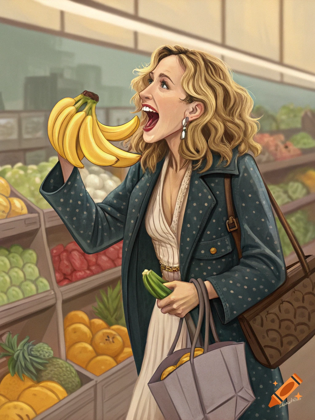 A painted illustration of a woman in a grocery store holding up a bunch of bananas near her open mouth while also holding a zucchini.