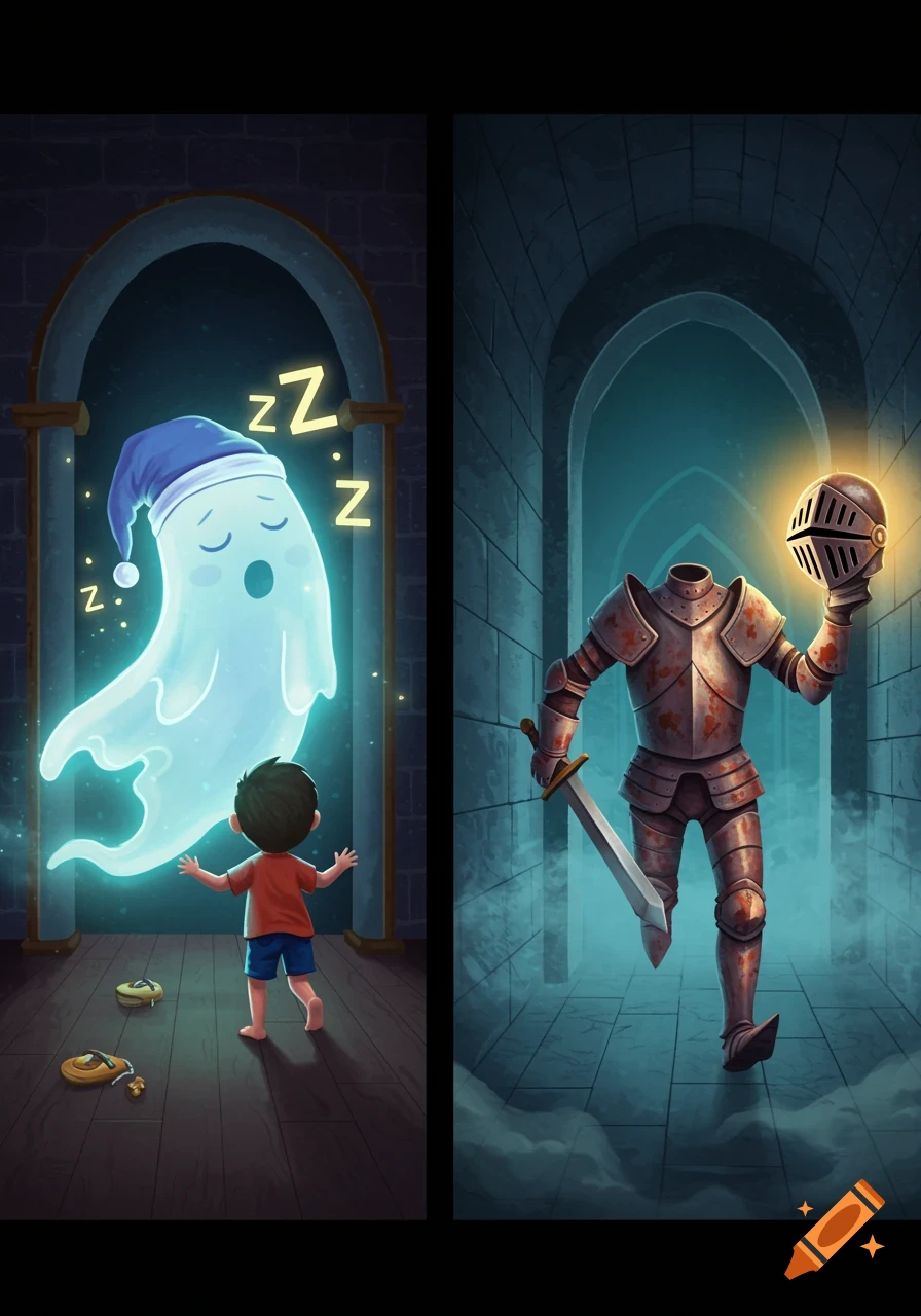 Split illustration: A child looks at a sleeping ghost, and a child runs from a headless knight in a castle hallway. Cartoon style.