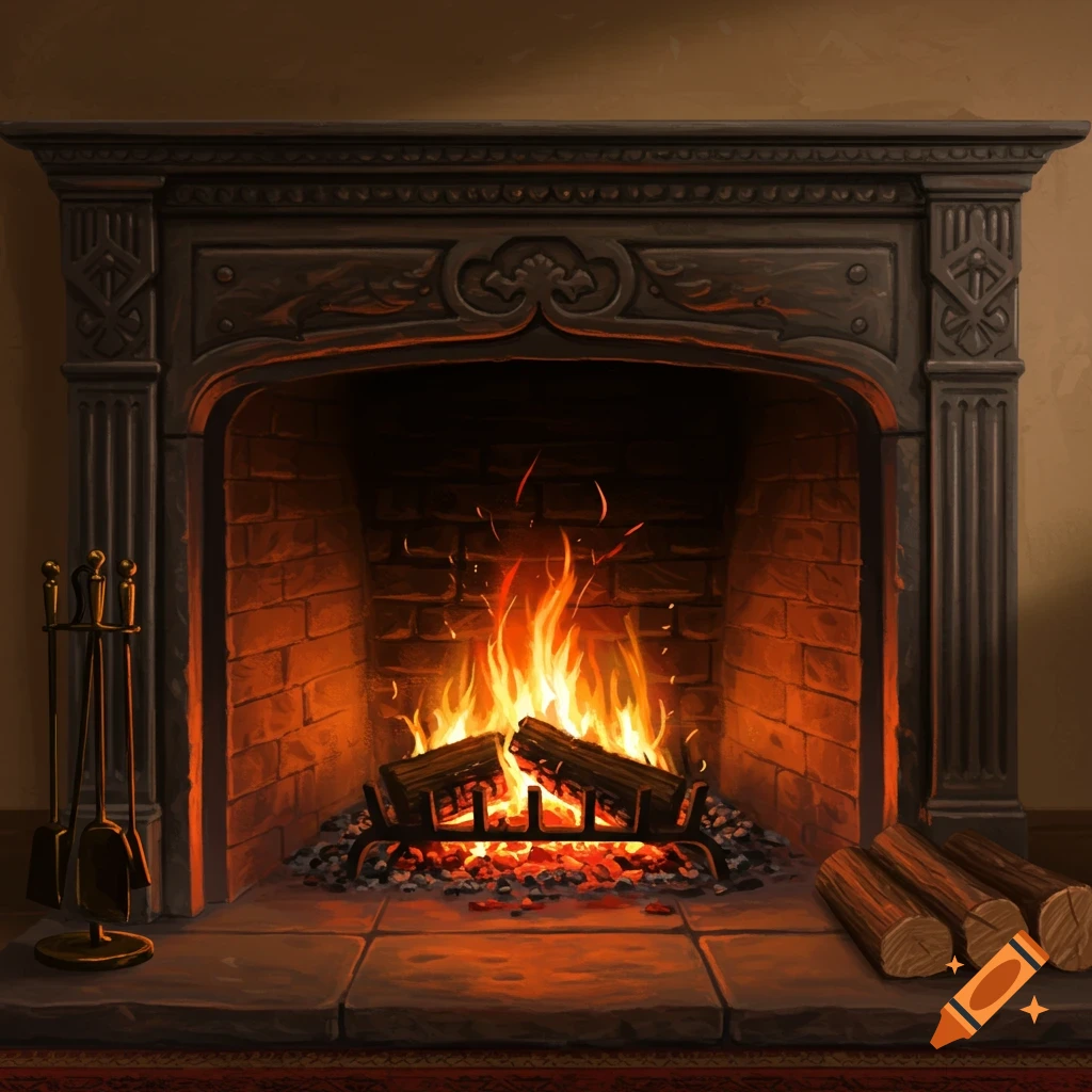 A roaring fire burns in a detailed fireplace with tools and extra logs nearby.