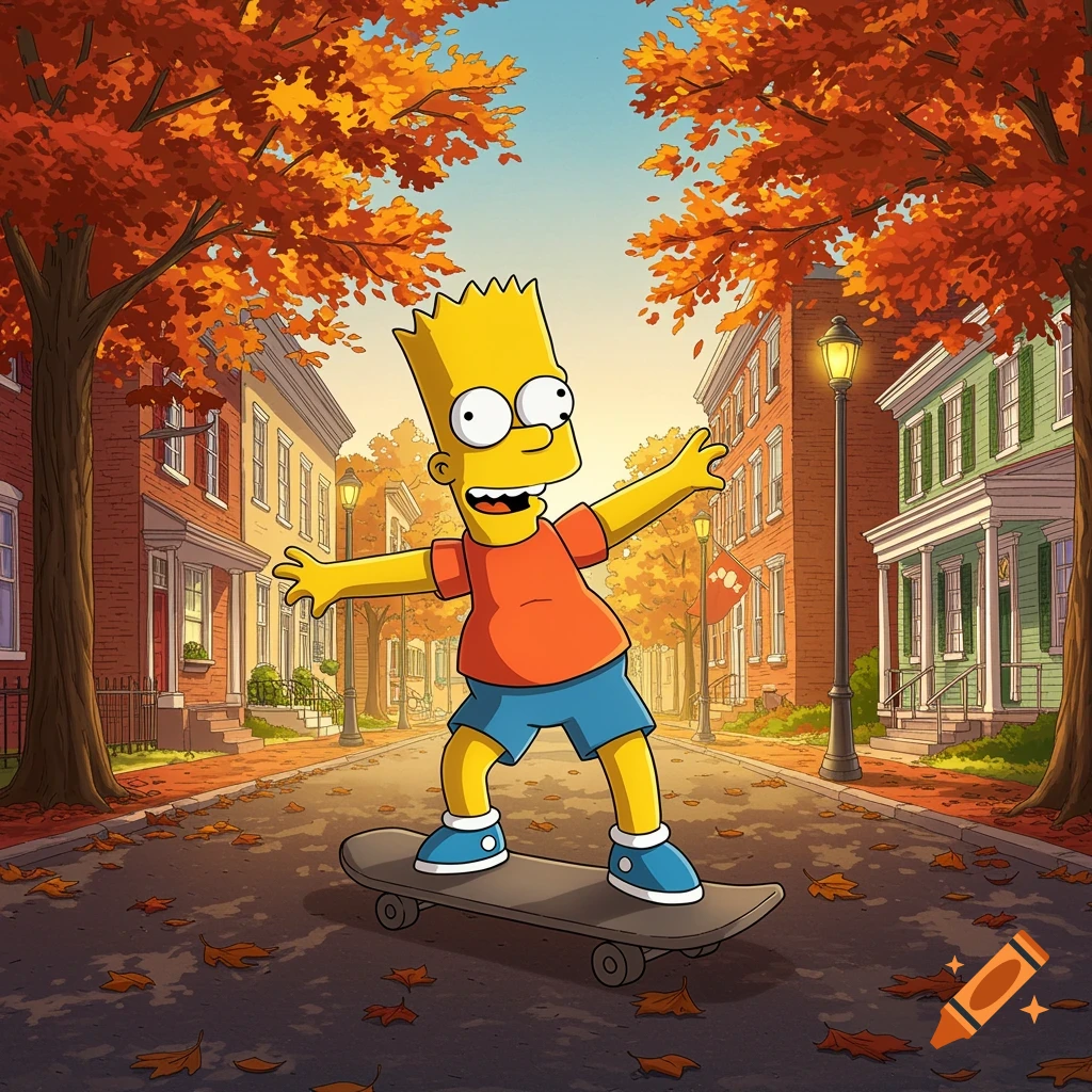 Bart Simpson skateboards down an autumn street lined with brownstone buildings and trees with orange leaves in a cartoon style.
