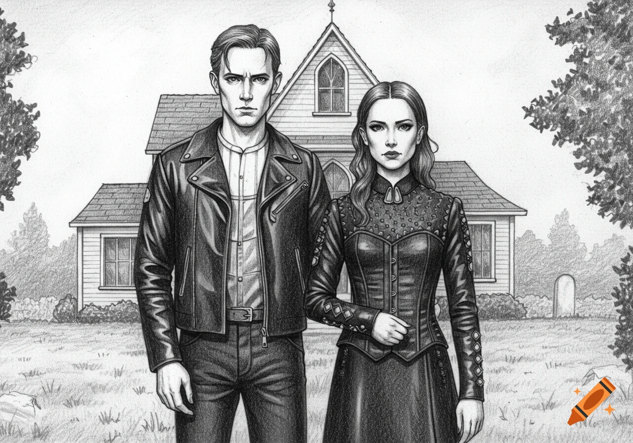 A pencil drawing of a couple in leather standing in front of the American Gothic house.