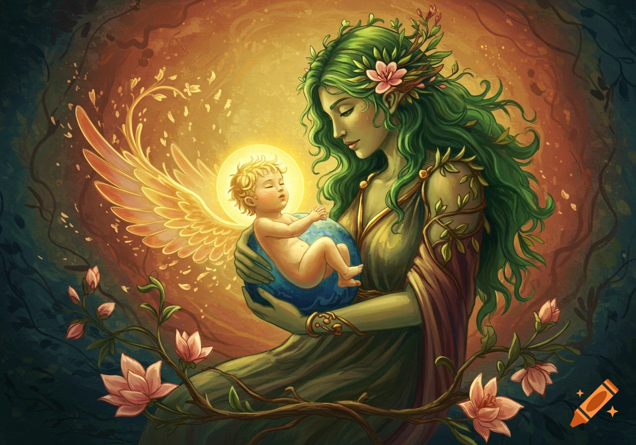 An allegorical illustration of a nature goddess figure with green hair, holding a baby with wings over a globe, surrounded by blossoms and light.