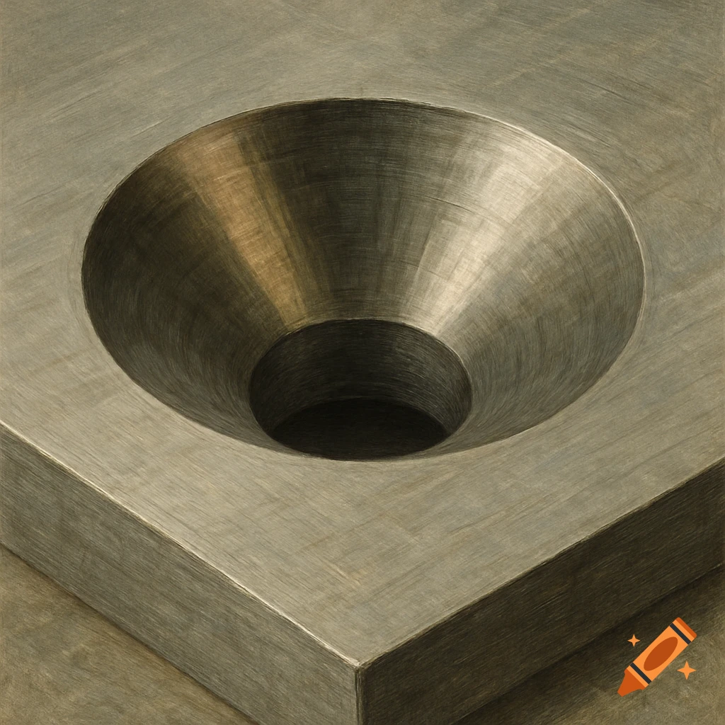 Close-up of a brushed metal block with a tapered hole.