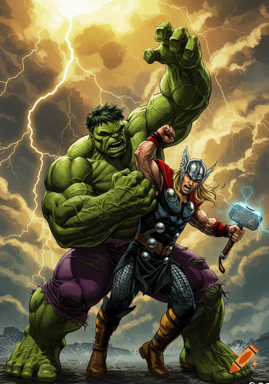 Comic book art of Hulk grappling with Thor during a storm.