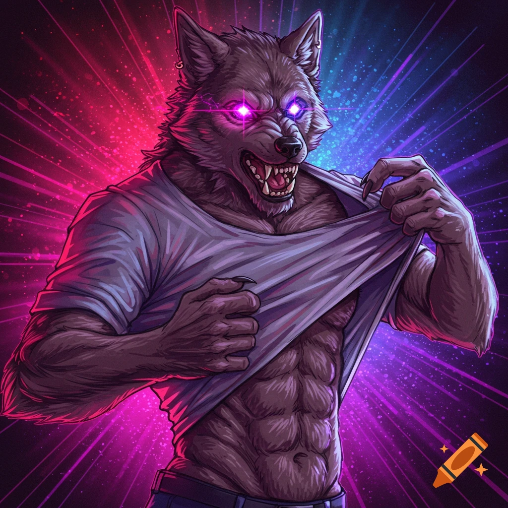 Muscular werewolf ripping shirt, with glowing purple eyes, against a pink and blue neon illustration background.