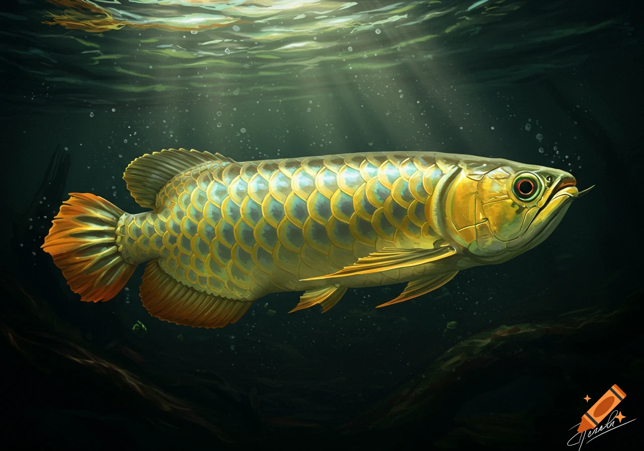 Illustration of a golden arowana fish swimming underwater with light rays