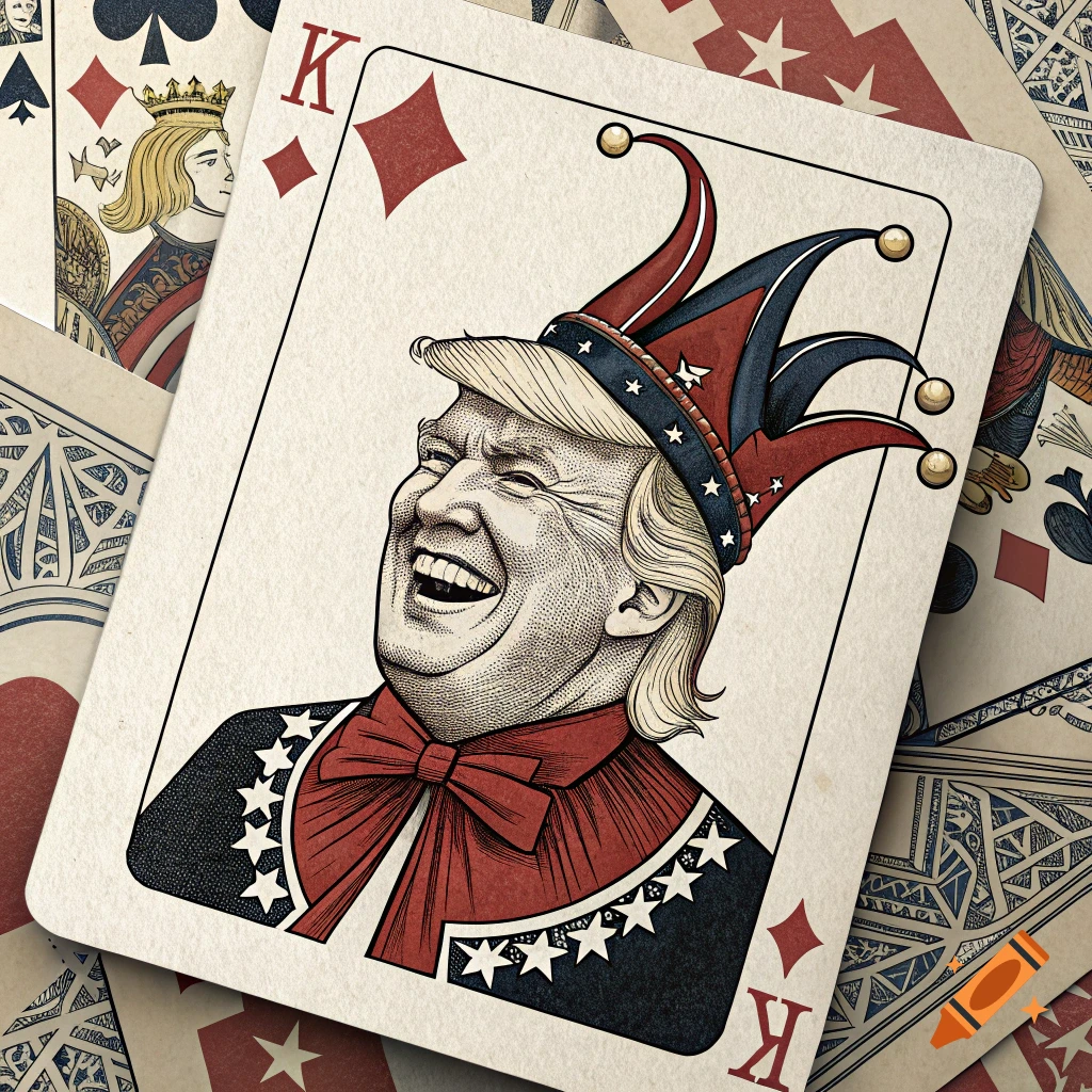 A playing card depicting a cartoonish Donald Trump laughing and wearing a jester hat, overlaid on other cards.
