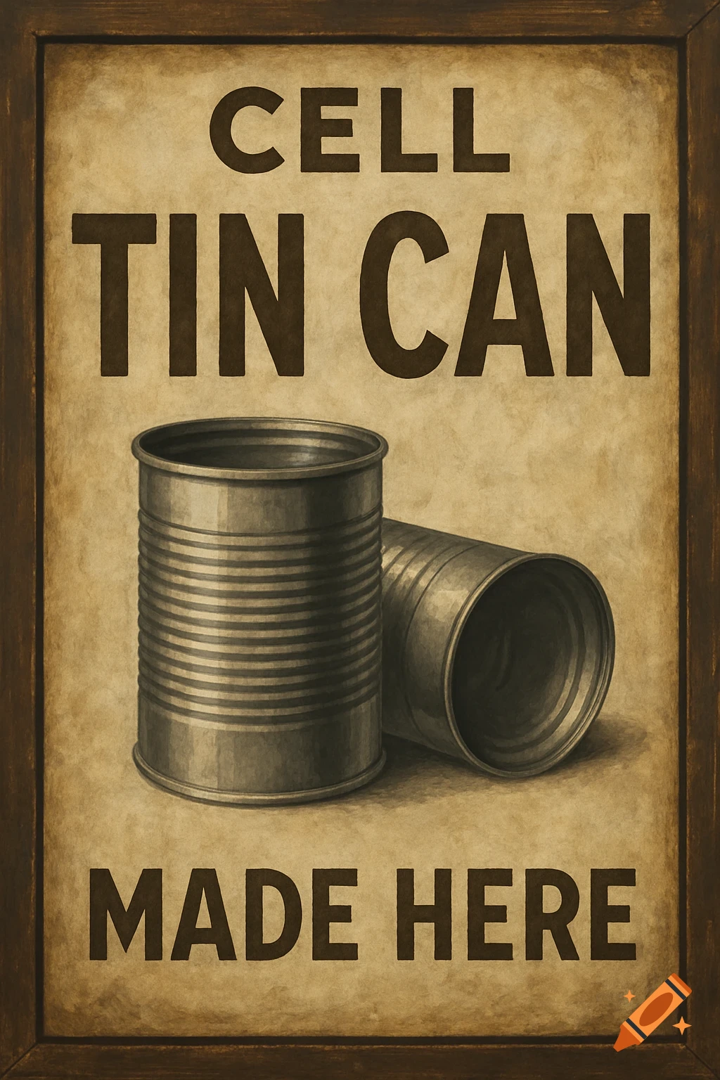 Vintage industrial sign showing two tin cans and text
