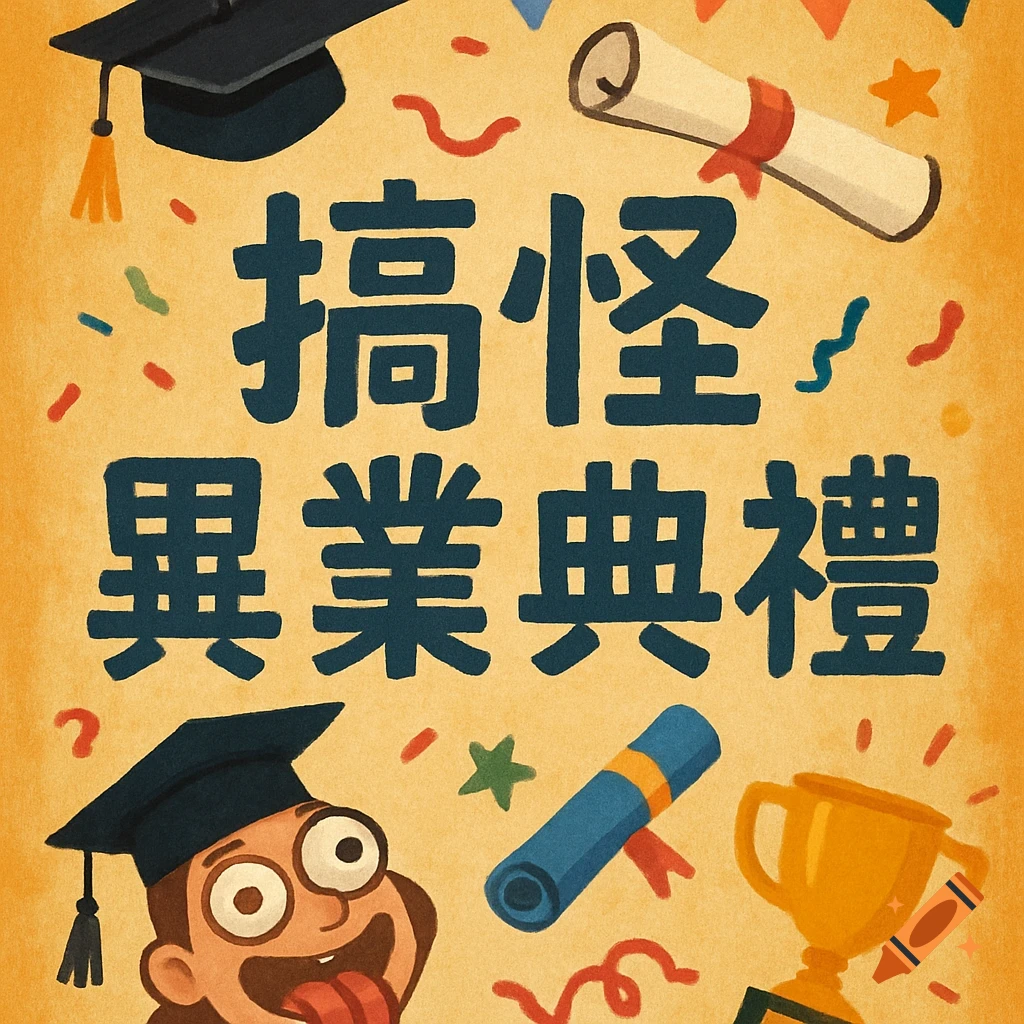 Cartoon graduation poster background with caps, diplomas, trophy, confetti, and text.