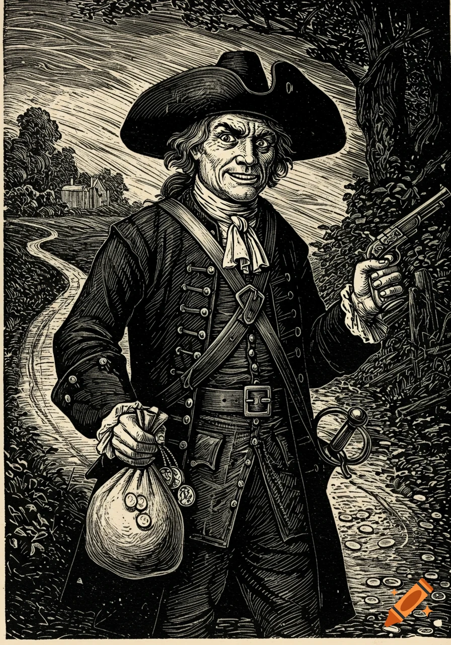 A woodcut style illustration of a highwayman with a pistol and a bag of money on a path.