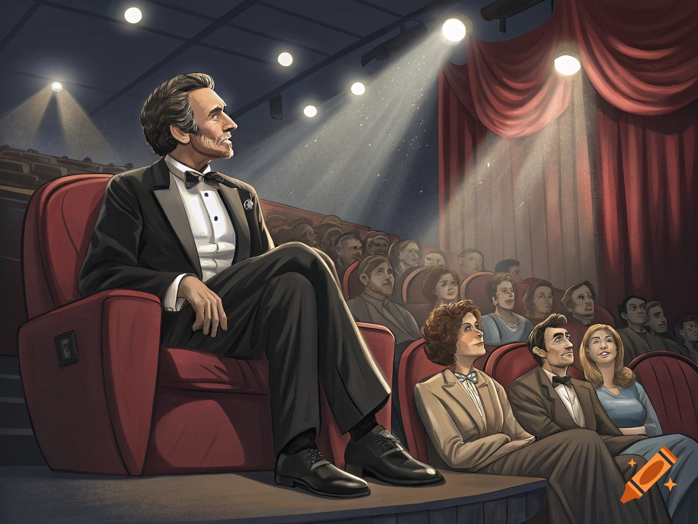Illustration of a man resembling Abraham Lincoln in a theater seat looking upwards, with an audience watching in the background.