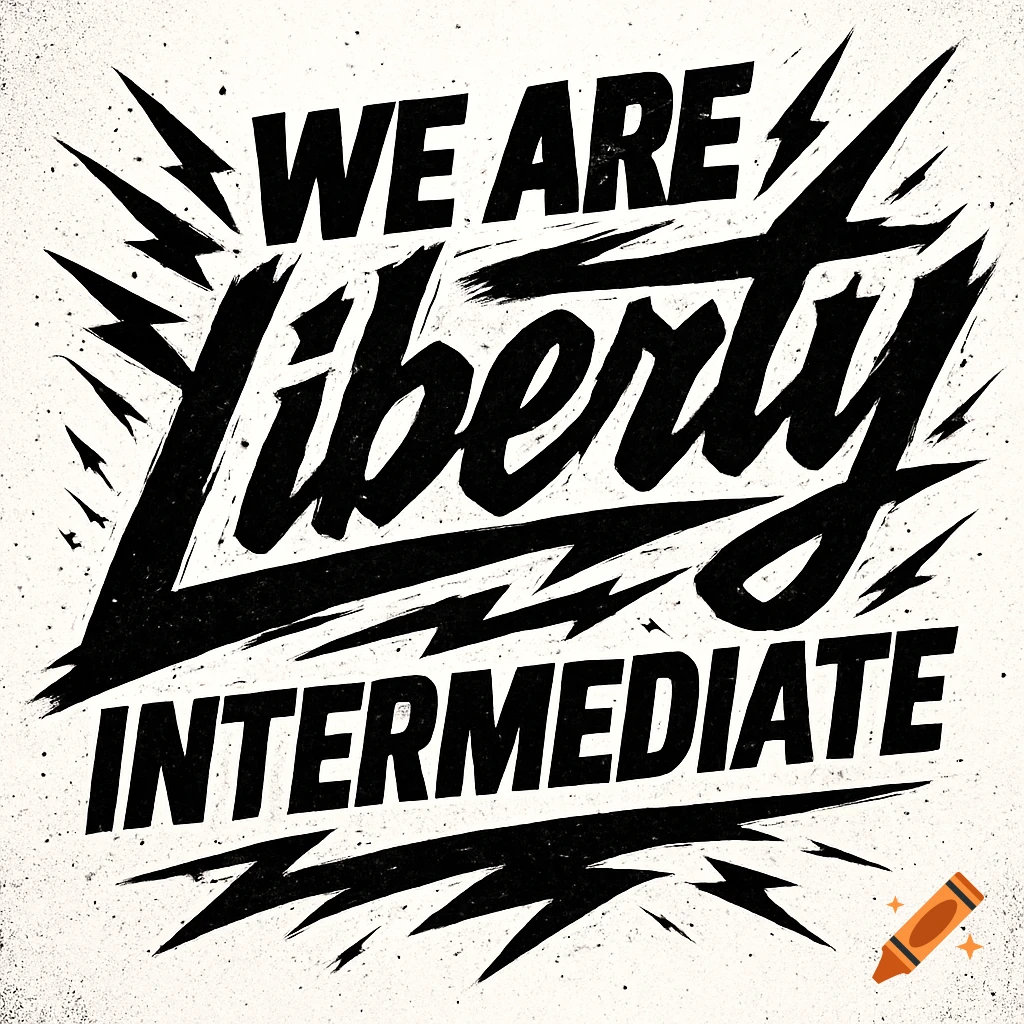 Black grunge typography for "WE ARE liberty INTERMEDIATE" with lightning bolts on a white background.