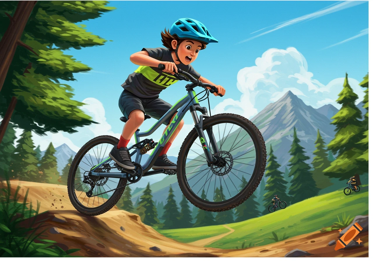 Illustration of a boy jumping a mountain bike on a trail with mountains and trees.