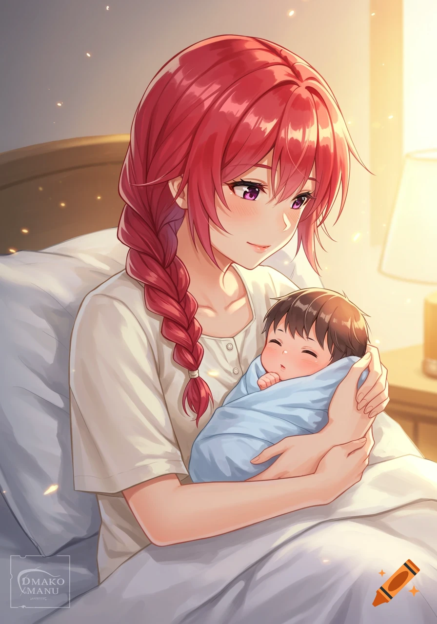 Anime illustration of a woman with red braided hair, in bed, holding a swaddled baby under warm light.