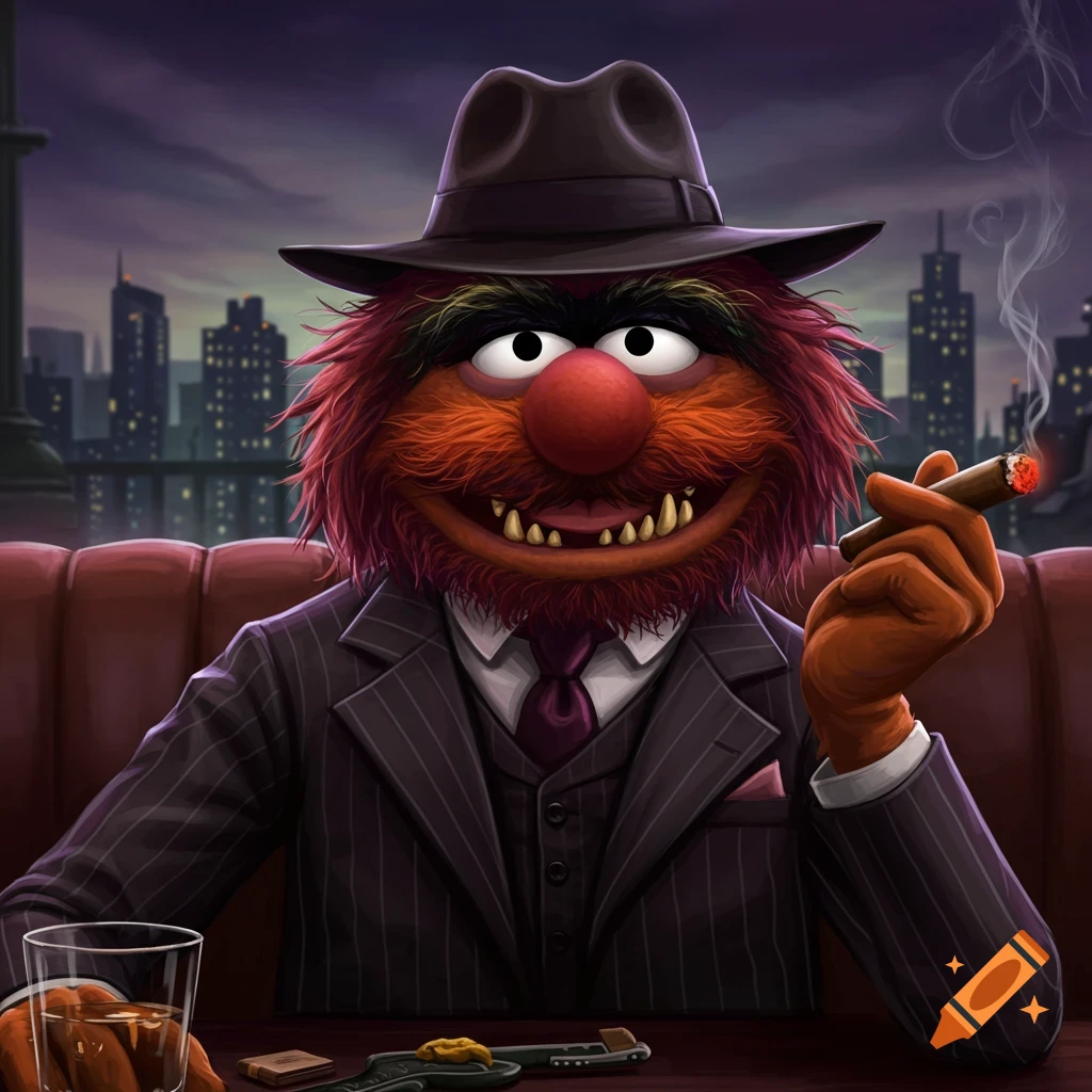 The Muppet's Animal dressed as a gangster, smoking a cigar and drinking in a dimly lit room with a city view.