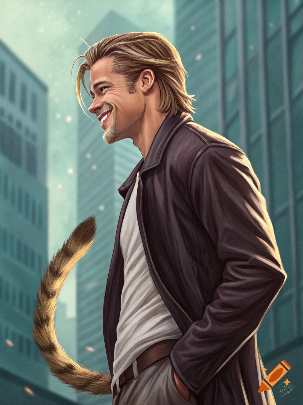 Illustration of Brad Pitt with a tail smiling in an urban setting.