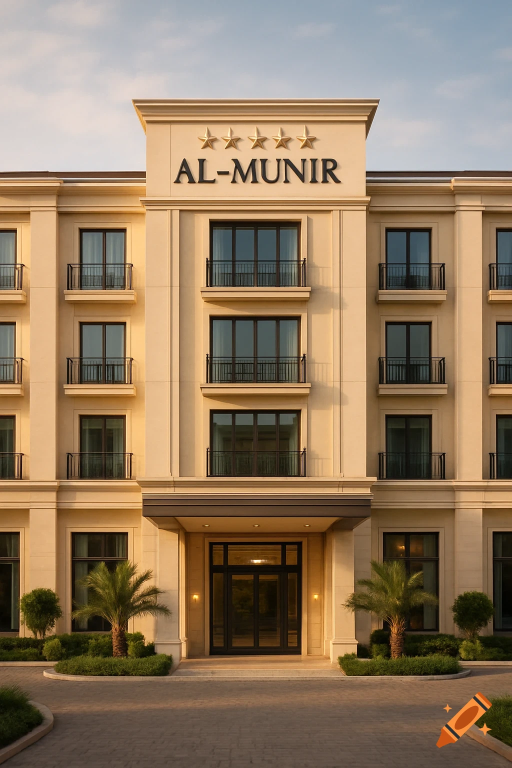 Photorealistic facade of a modern hotel building with the name AL-MUNIR above the entrance.