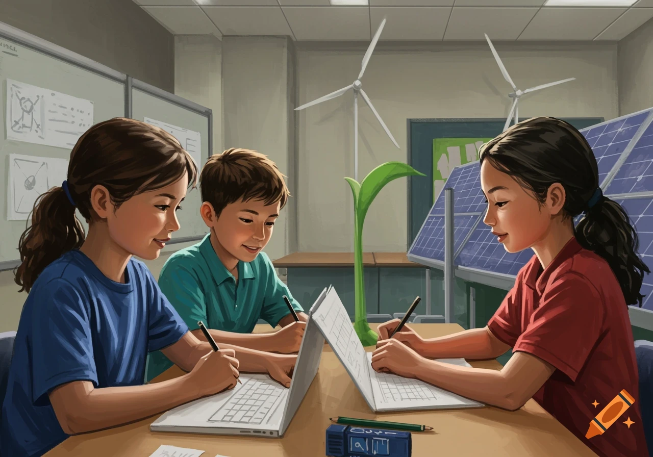 Three students work on laptops at a table in a classroom setting, with solar panels, wind turbines, and a large green plant in the background, representing renewable energy.