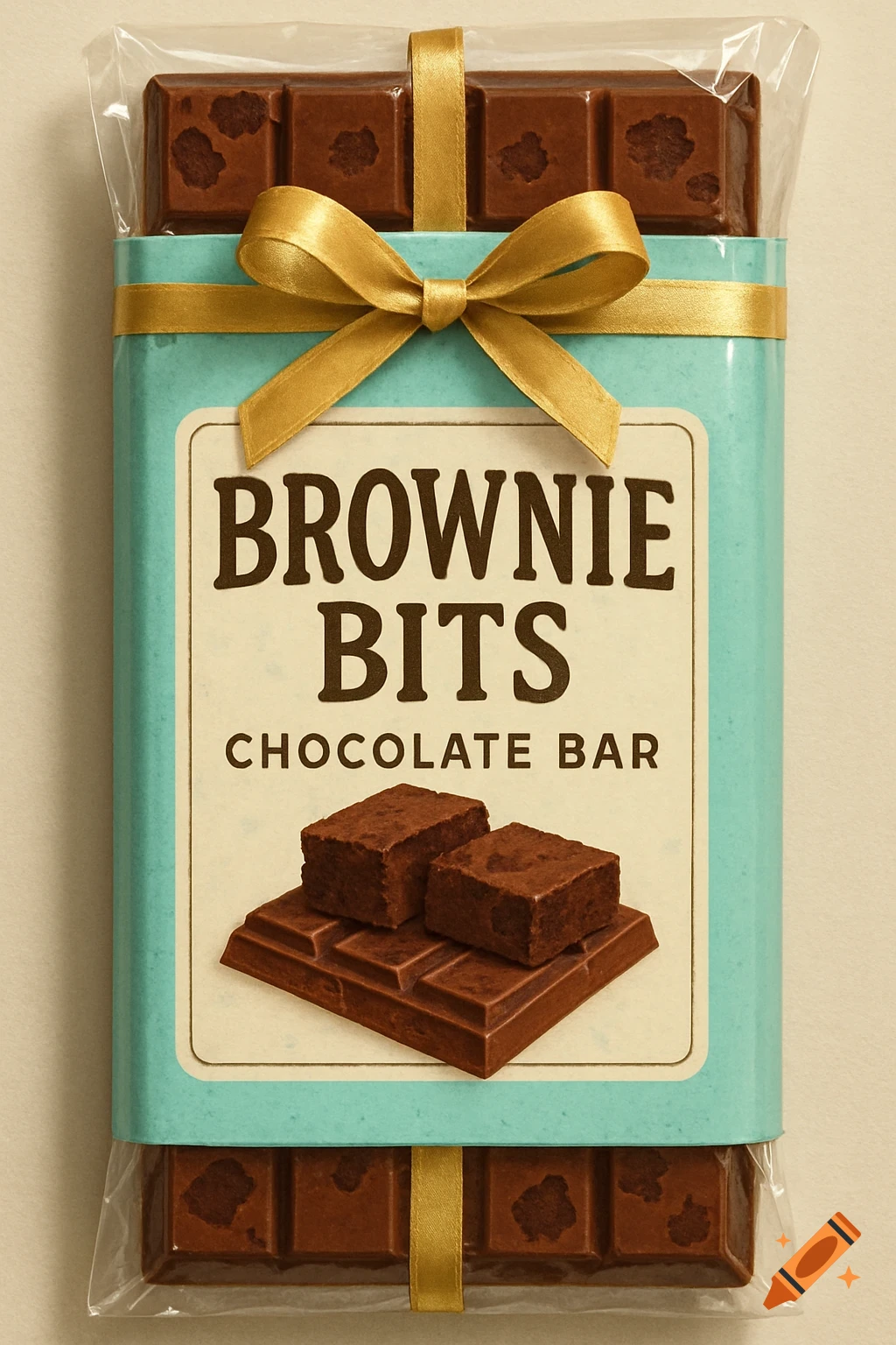 A chocolate bar wrapped in pastel aqua packaging with a gold ribbon and a label reading 'BROWNIE BITS CHOCOLATE BAR', showing brownie chunks