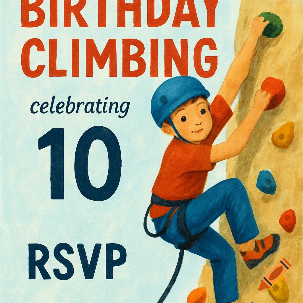Painted illustration of a child rock climbing wall with text BIRTHDAY CLIMBING celebrating 10 RSVP