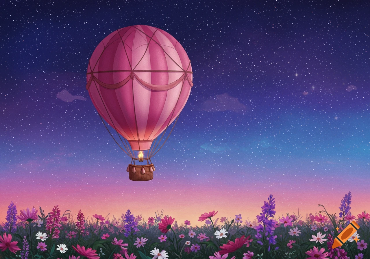 A pink striped hot air balloon floats over a field of pink and purple flowers under a starry twilight sky.