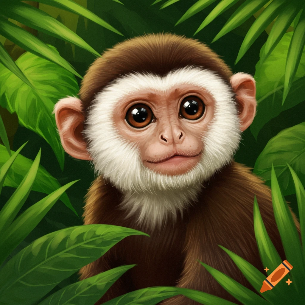 Cute baby monkey with white face peeking through green jungle leaves in an illustration style.