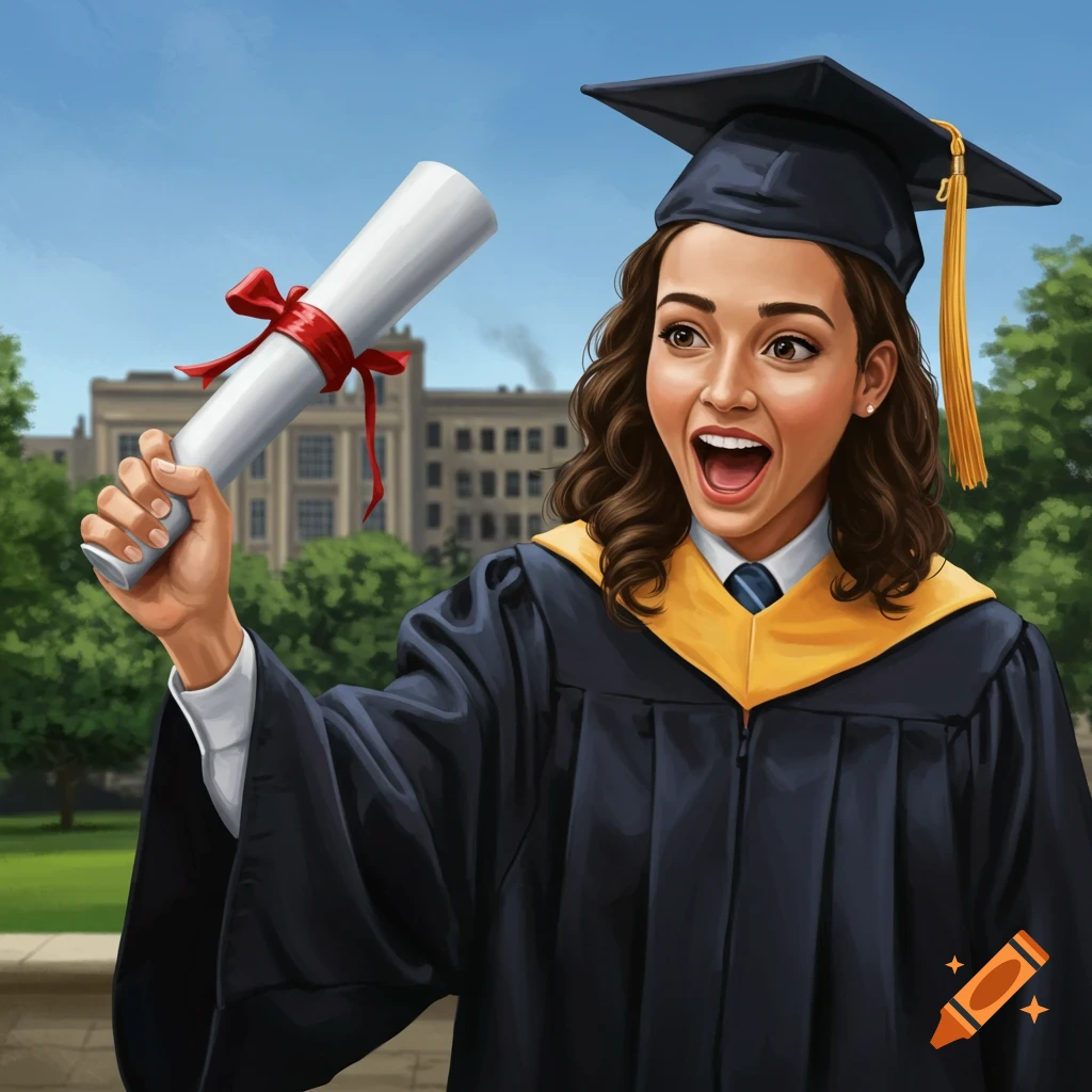 A young woman in a graduation cap and gown holds a diploma, smiling excitedly. Illustration style.
