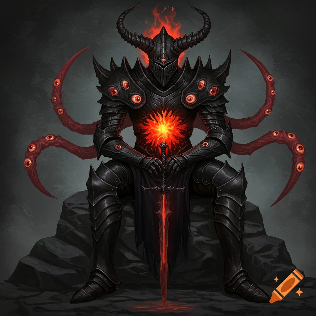 Dark fantasy knight in black armor with horns, glowing red core, and tentacles with eyes sits holding a fiery sword.