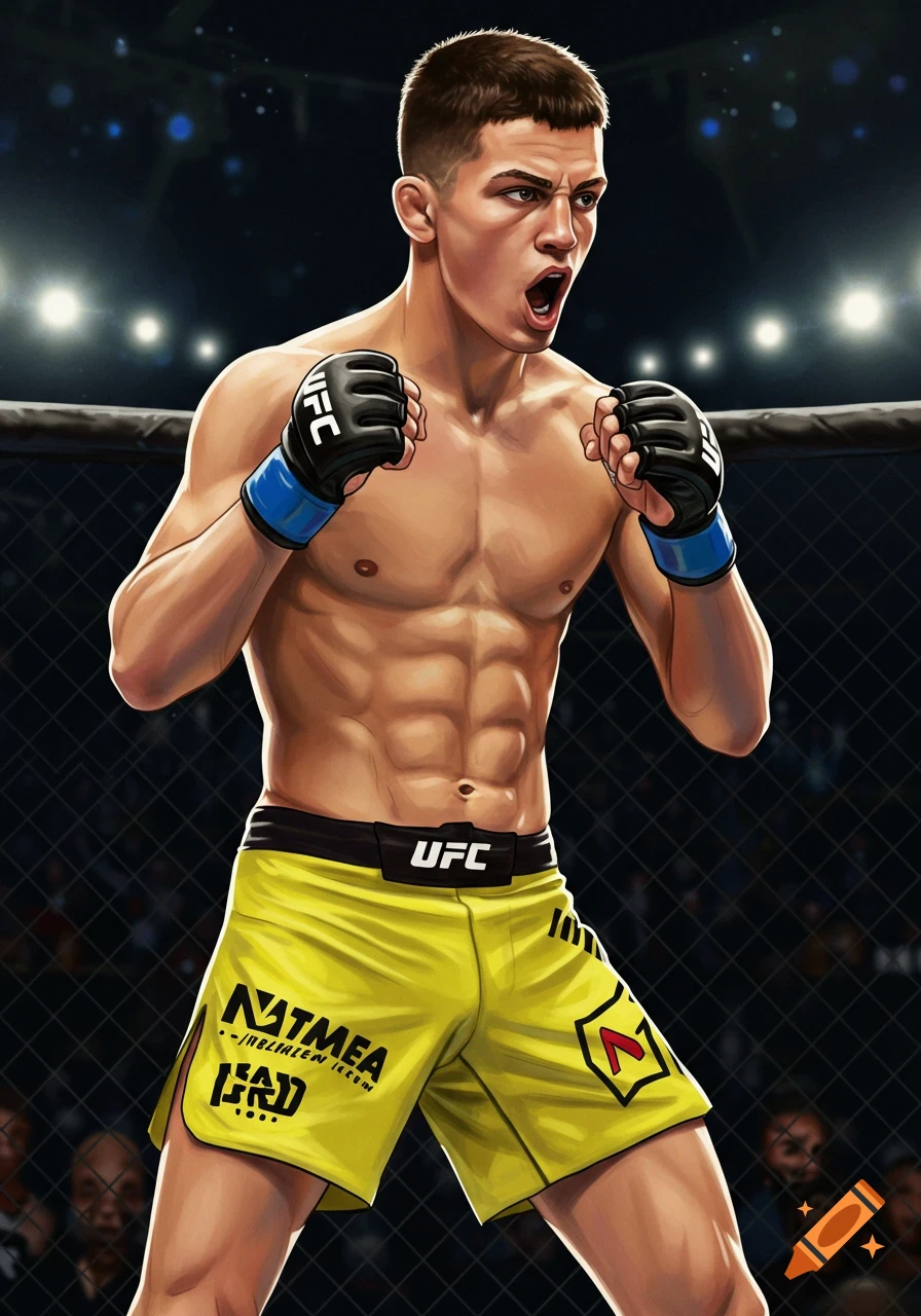Stylized illustration of a male MMA fighter in a fighting stance in a ring.
