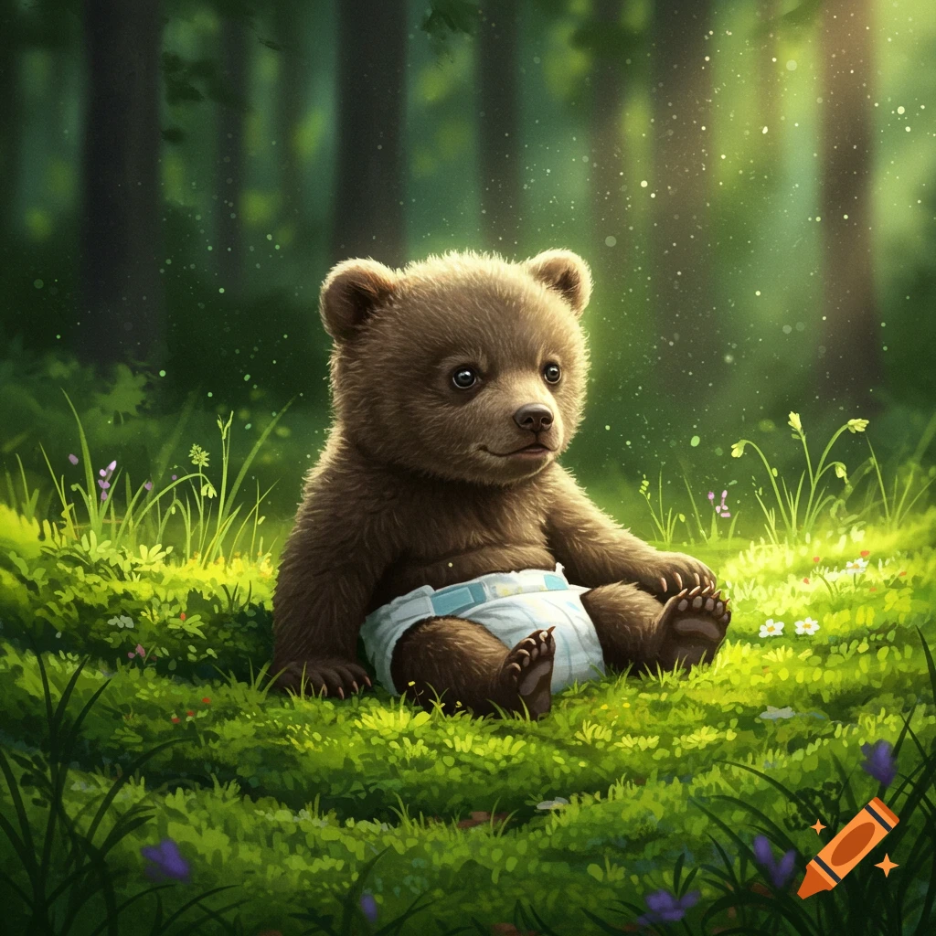 Cute baby bear wearing a diaper sits in a sunny forest clearing.