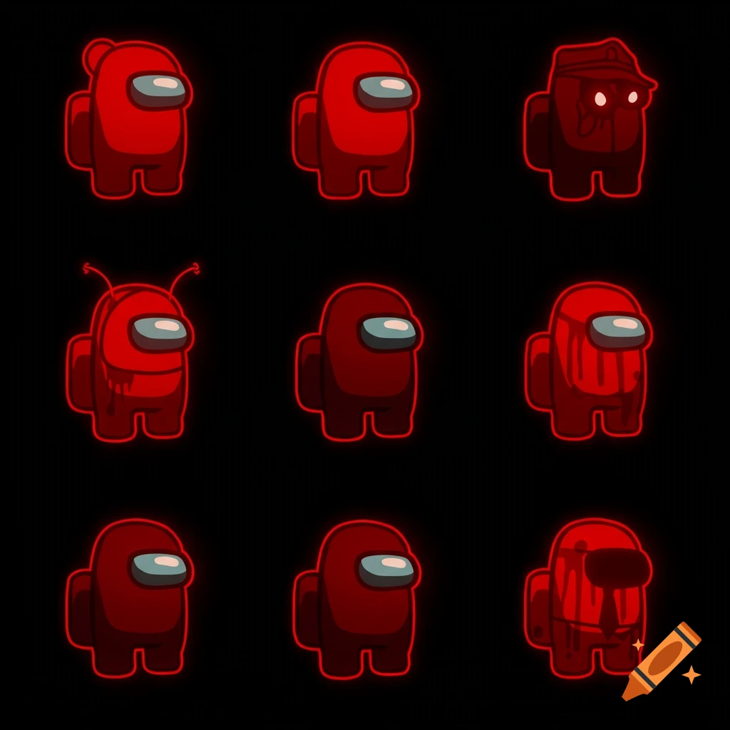 A grid of red Among Us characters with glowing red outlines on a black background.