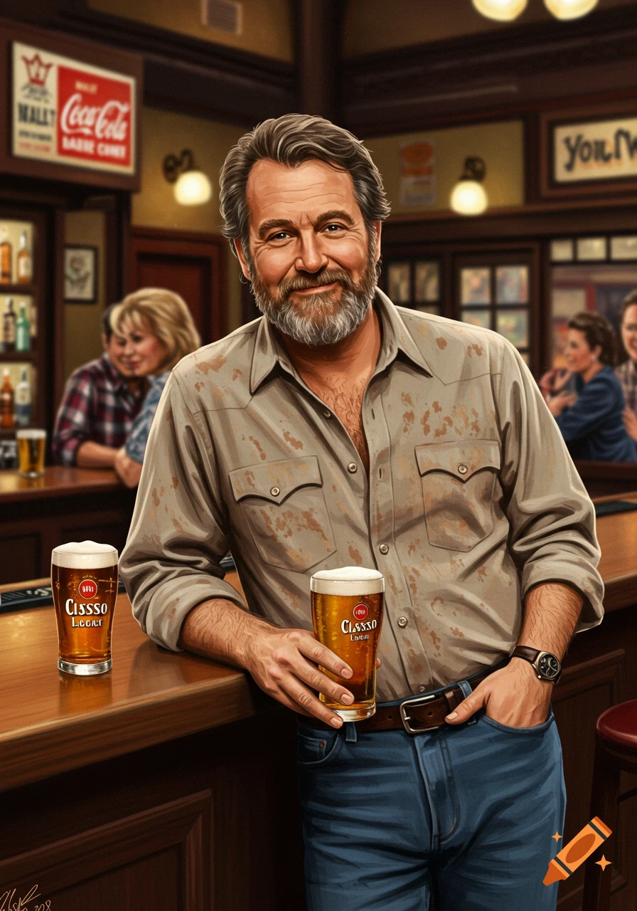 A man with a beard stands at a bar holding a beer glass, in a painted style.