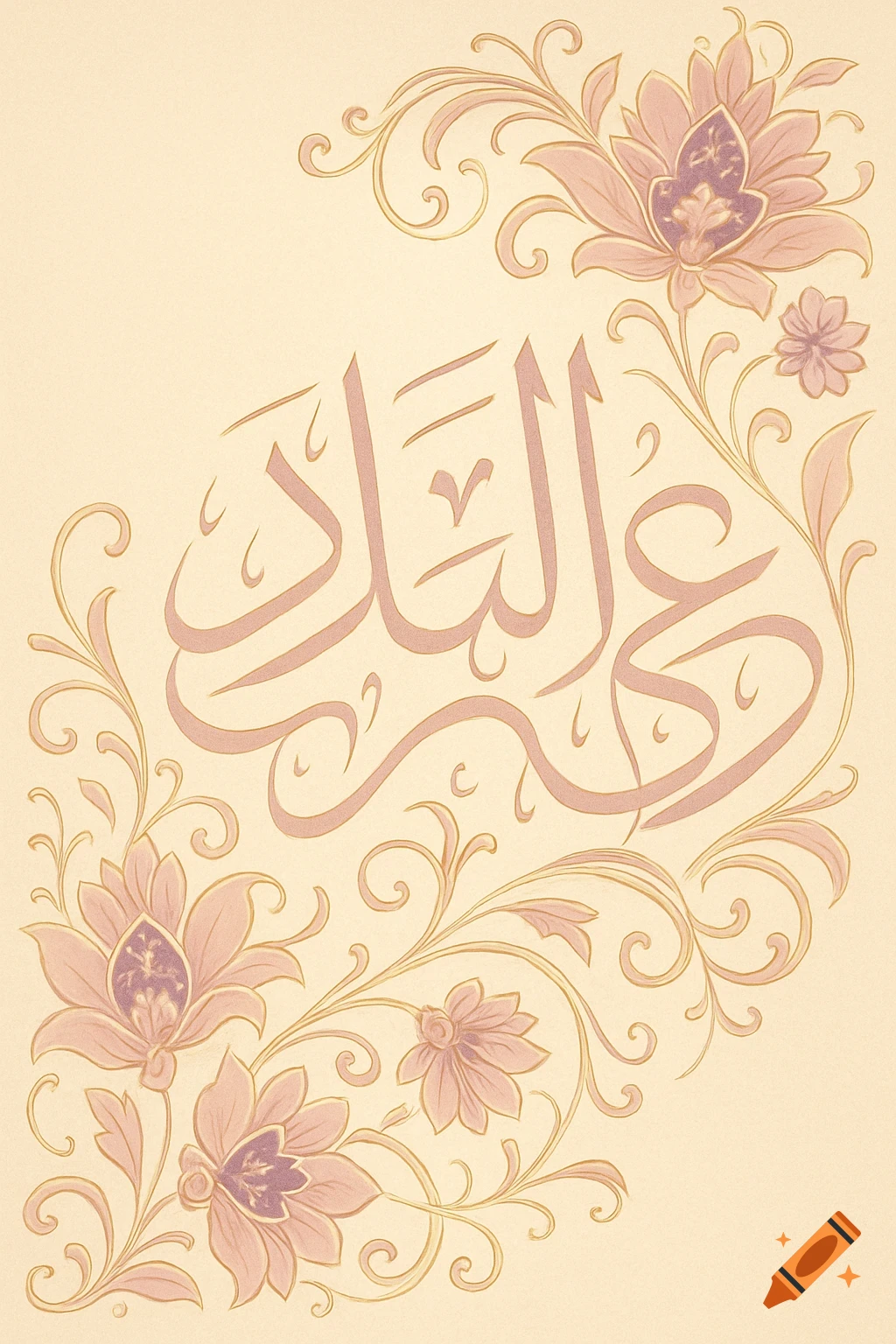Arabic calligraphy with pink and purple floral design on a beige background.