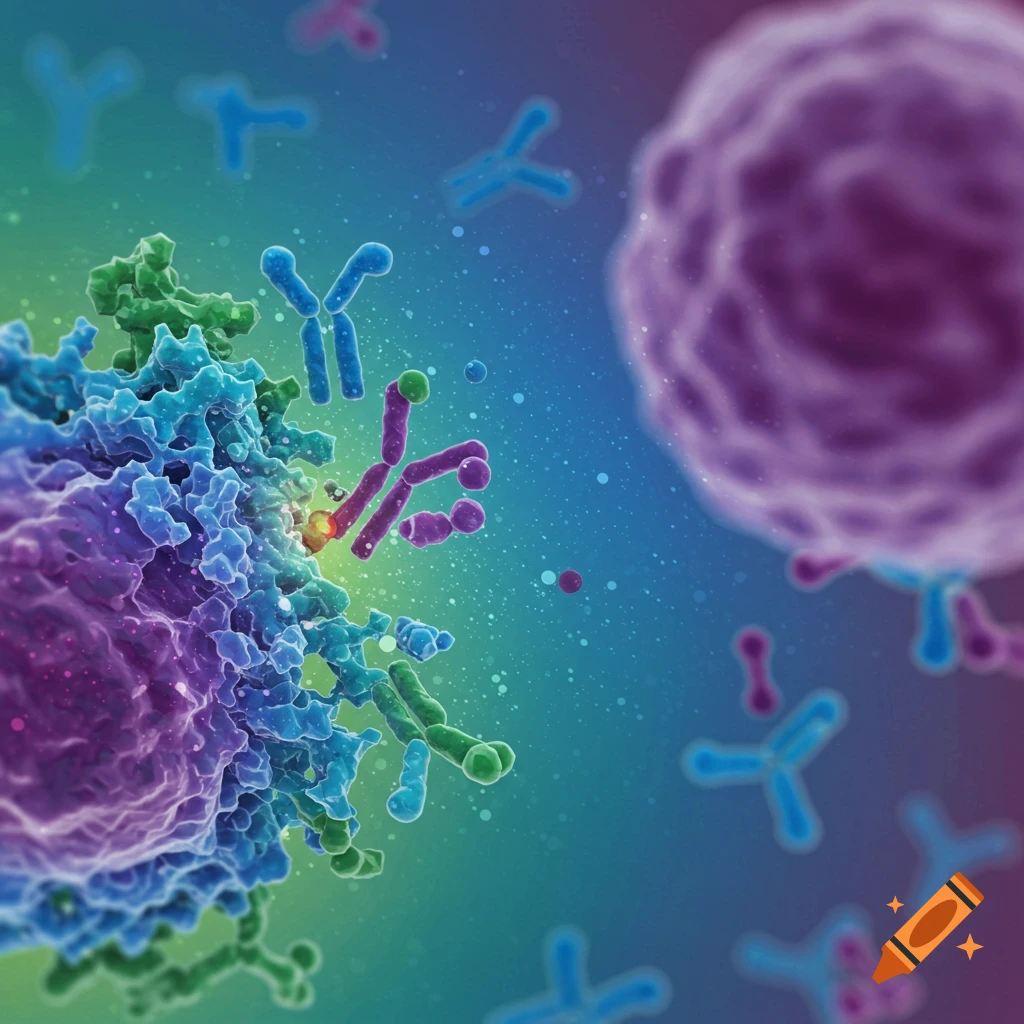 Detailed 3D illustration of antibodies interacting with a cell surface.