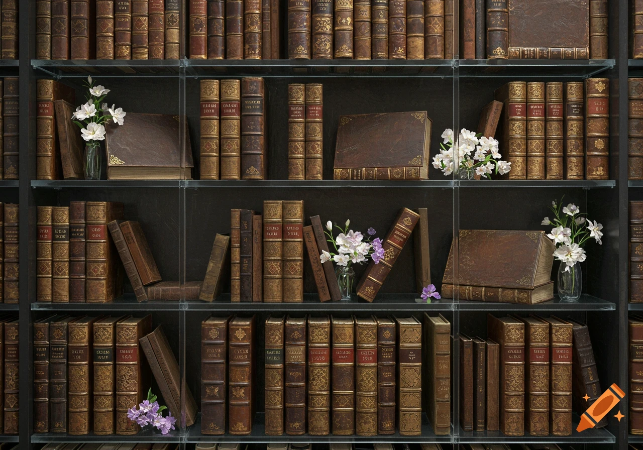 A close-up of a glass bookshelf filled with antique leather books and small vases of flowers.