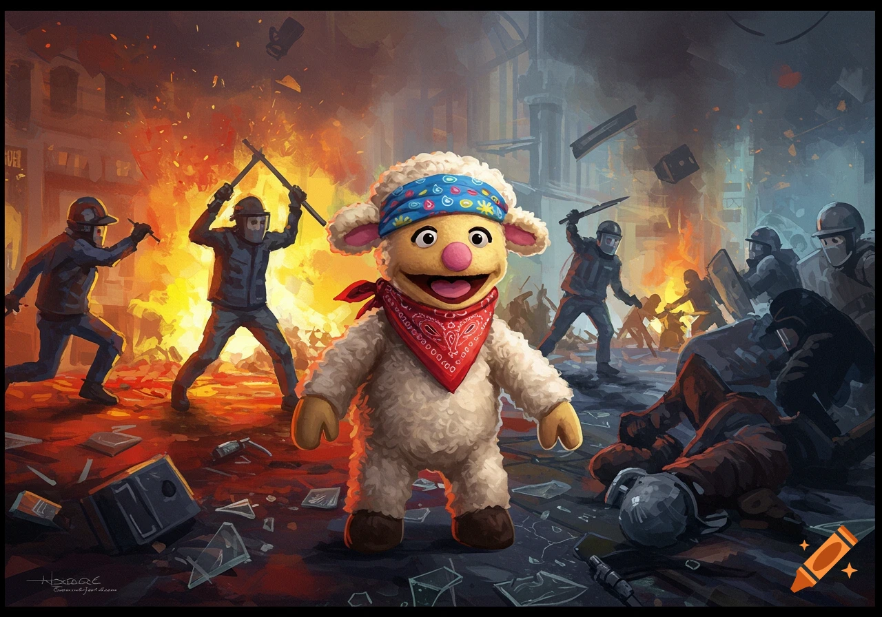 Lambchop puppet wearing a bandana stands in the foreground of a chaotic riot scene with fires and figures clashing in a digital painting style.