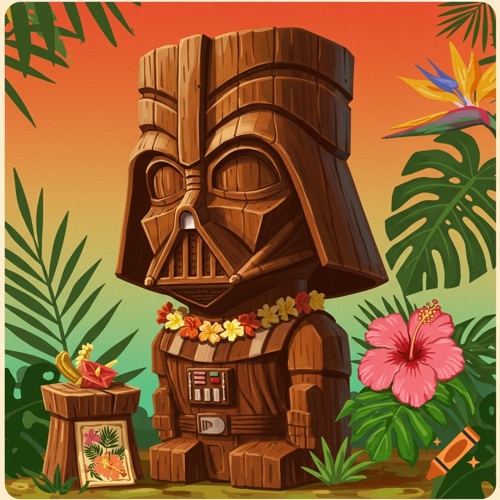 Wooden Darth Vader tiki statue with a flower lei, surrounded by tropical plants and flowers