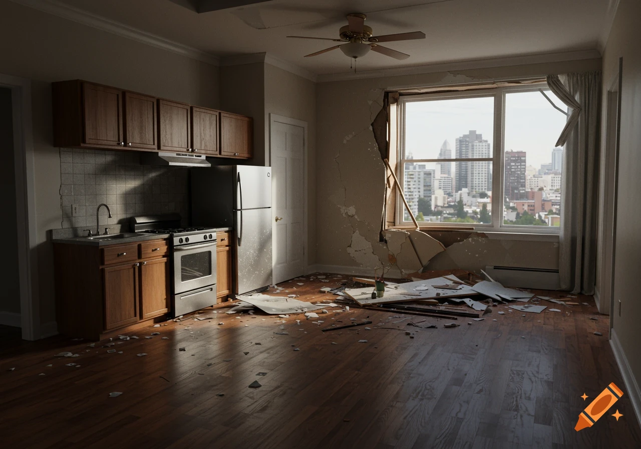 A trashed apartment kitchen and living area with a damaged window looking at a city skyline, photorealistic.